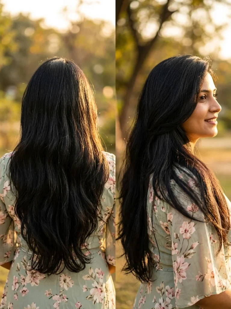 Woman with thick healthy hair using Banjosa Naturals Regenera Hair Oil
